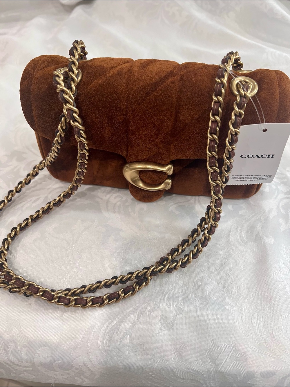 Coach Tabby 20 Quilted Suede Shoulder Bag in Warm Brown with Gold Chain - Picture 1 of 9